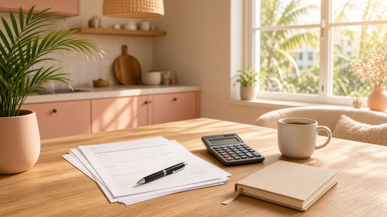 Sunny Miami kitchen table with household paperwork, a calculator and coffee